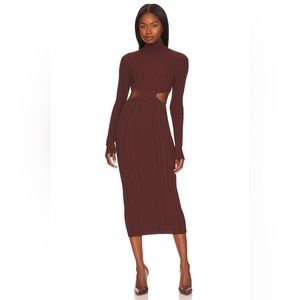 NWOT L’Academie Banji Turtleneck Cutout Brown Ribbed Midi Dress Size Small